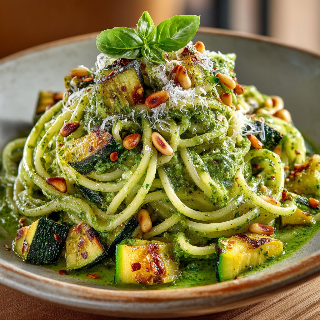 Une pile de spaghetti avec des herbes vertes et des noix.
