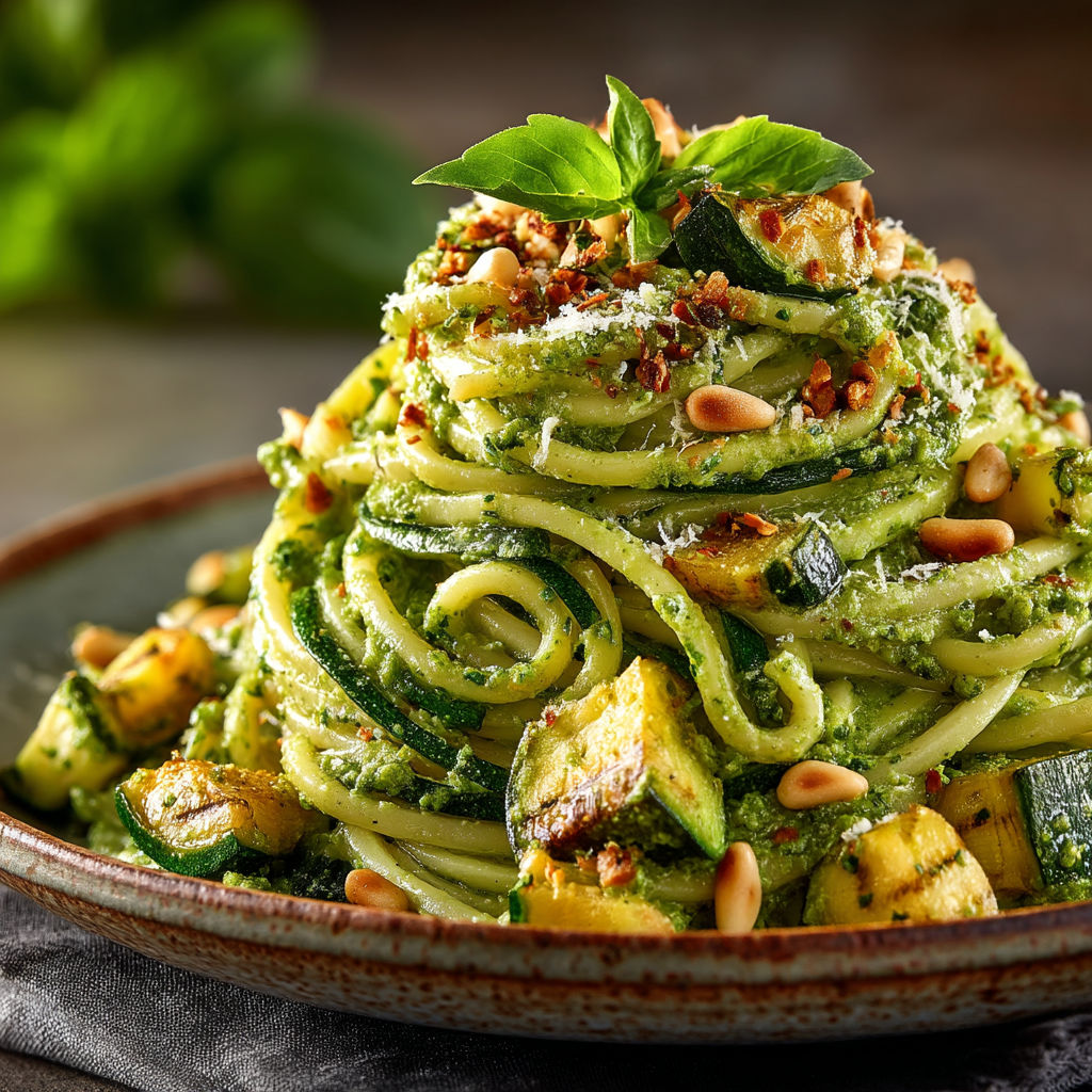 Une pile de spaghetti avec des herbes vertes et des noix de cajou.