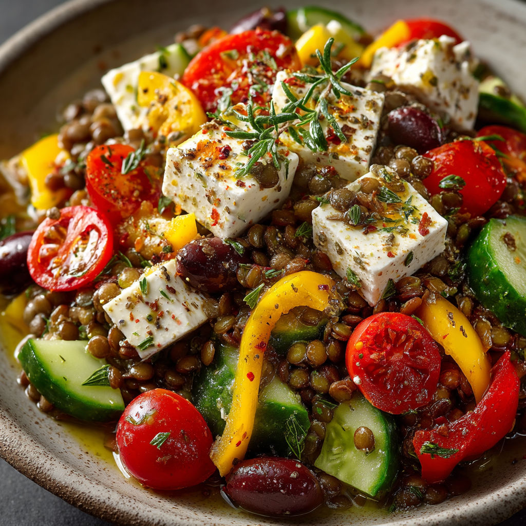 Une assiette de légumes colorés avec des tomates, des poivrons, des cucumbers et des olives.