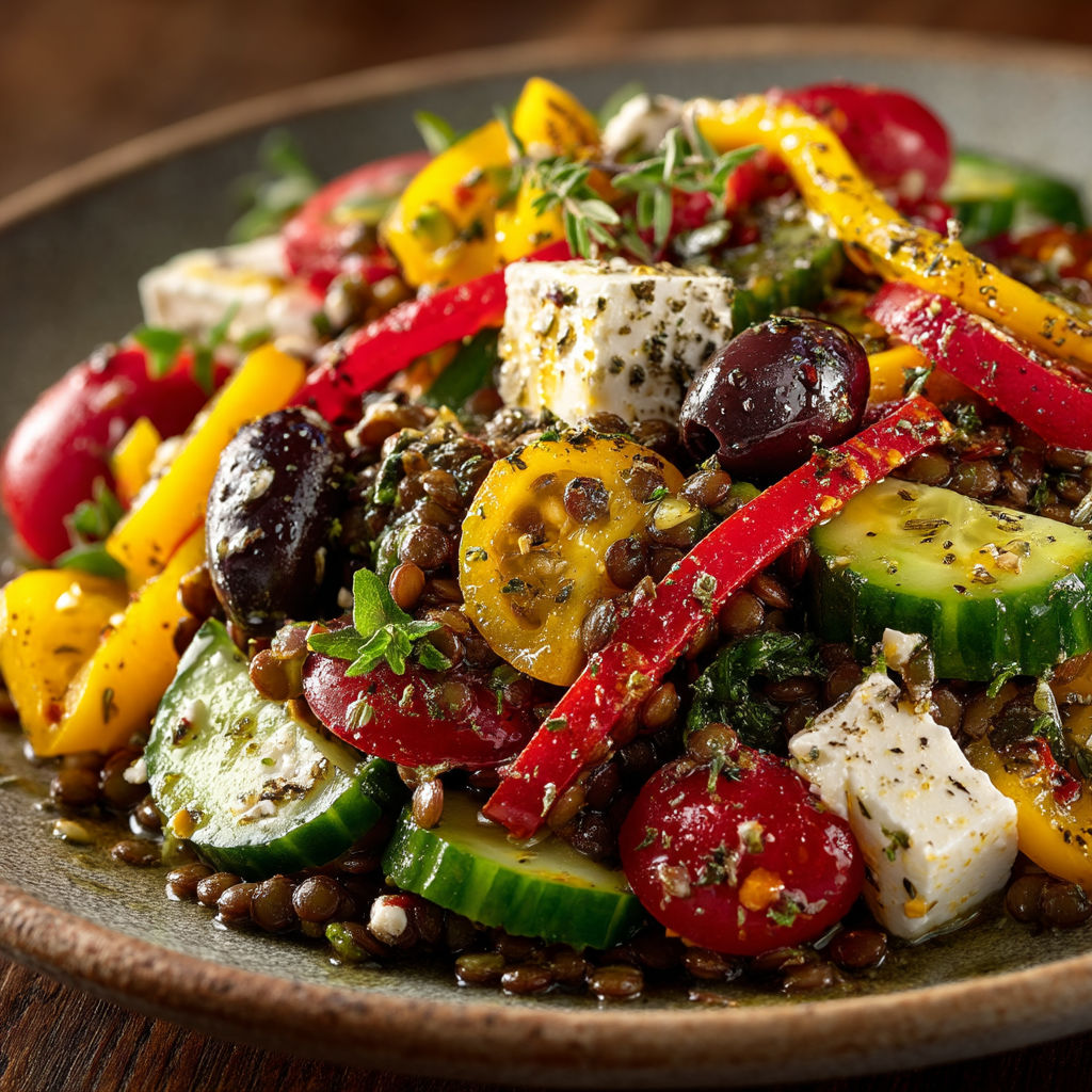 Une salade colorée avec des légumes et des graines.
