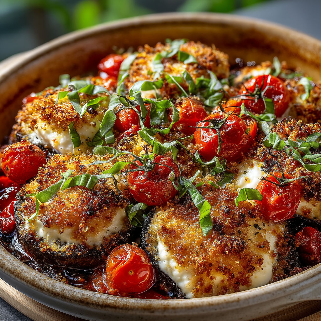 Une assiette de légumes grillés avec des tomates et des aubergines.