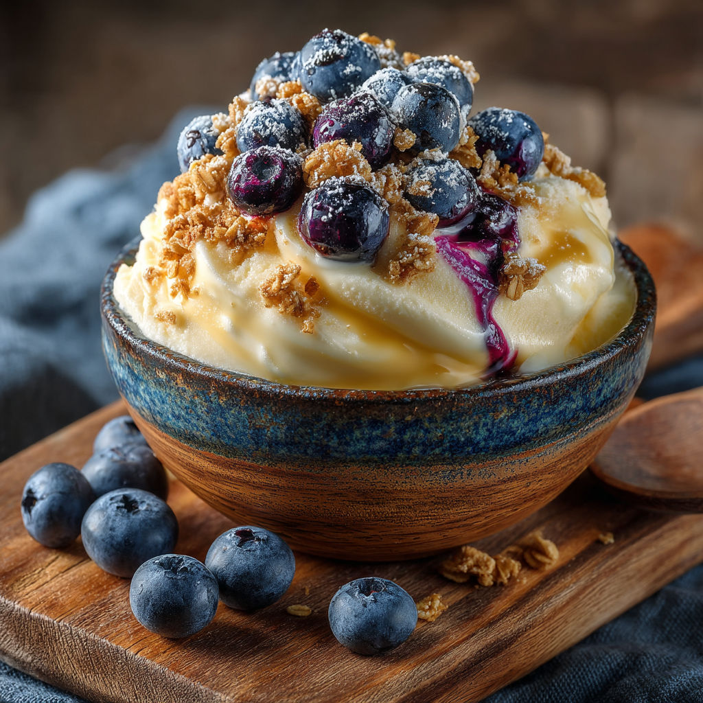 Une tasse de crème chantilly avec des baies bleues.