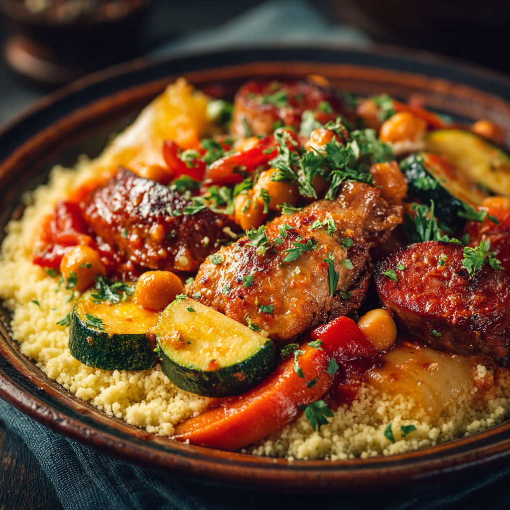 Une assiette de plats cuits, avec des légumes et des viandes, est servie sur une table.
