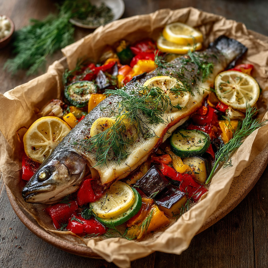 Papillote de truite entière au poivrons et aubergines.