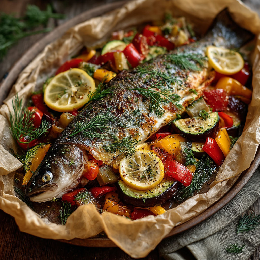 Une poisson grillé avec des légumes et des citrons.