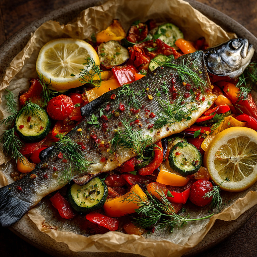 Un poisson avec des légumes et des citrons.