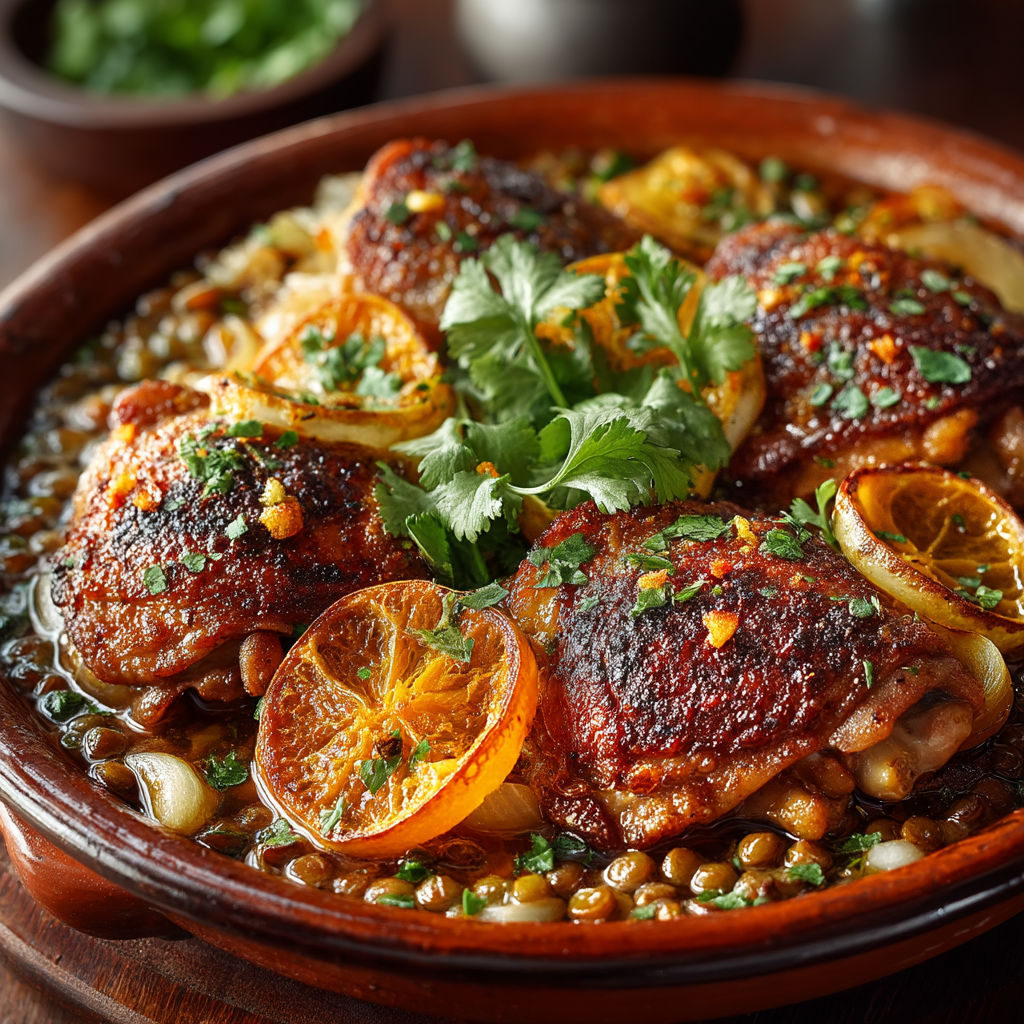 Une assiette de poulet avec des légumes et des oranges.