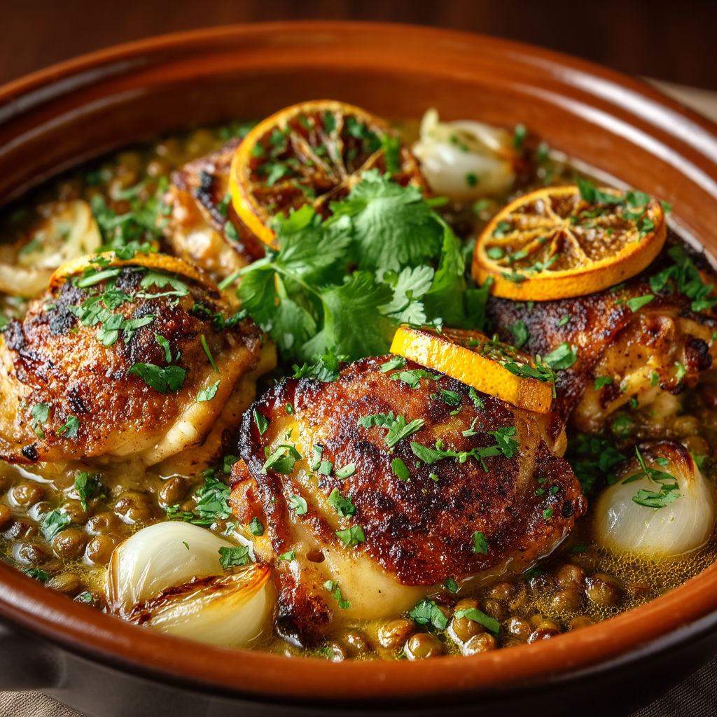 Une assiette de poulet avec des légumes et des citrons.
