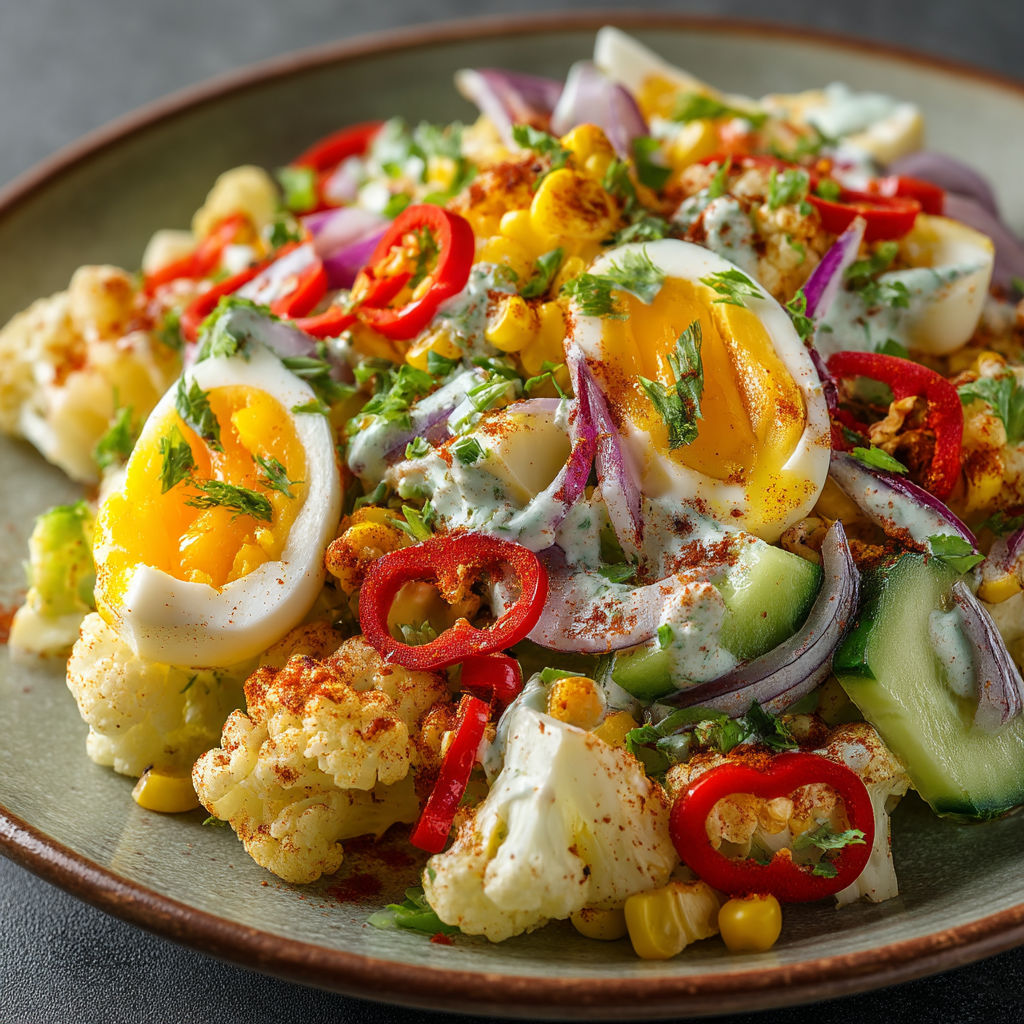 Une salade de chou-fleur aux maïs et concombre.