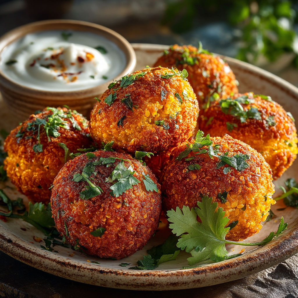 Une assiette de boulettes de légumes avec une sauce.