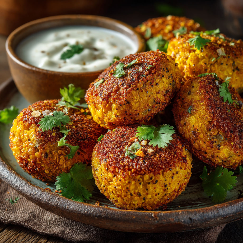 Une assiette contenant des boulettes de légumes et une sauce.
