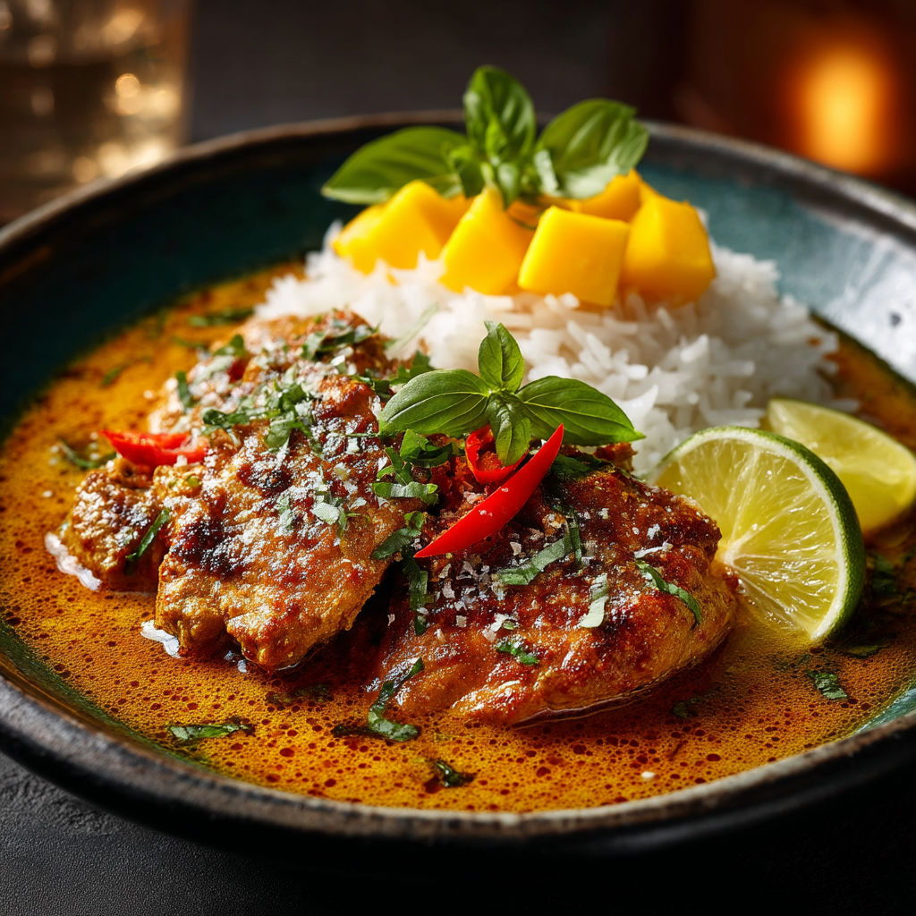 Chicken with peanut butter sauce and rice.
