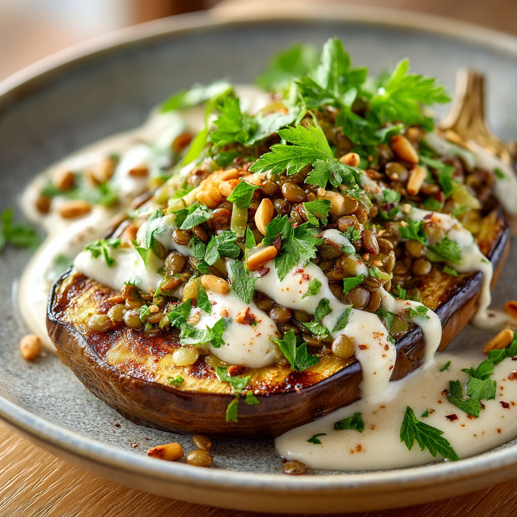 Une assiette de légumes rôties avec une sauce tahini.