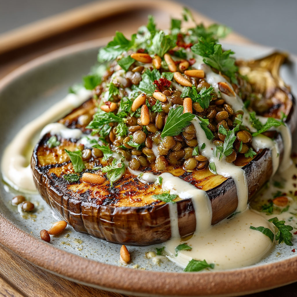 Une aubergine rôtie avec des lentilles et une sauce tahini.