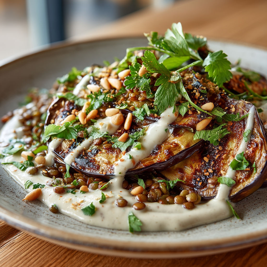 Une assiette de légumes grillés avec une sauce tahini.