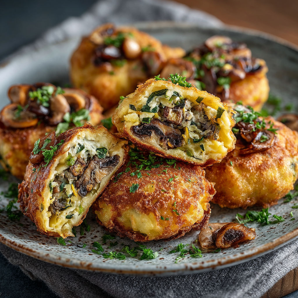 Plate of food with mushrooms and cheese.