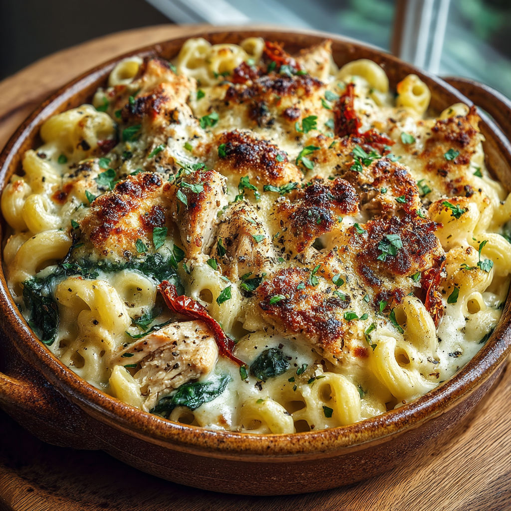 Une casserole de macaroni et de poulet.