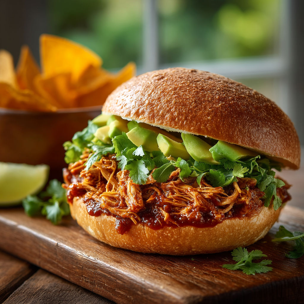 Un sandwich de pollo con guacamole et lime.