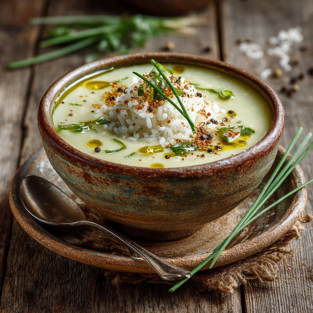 Une soupe de poireaux et pommes de terre dans un bol.