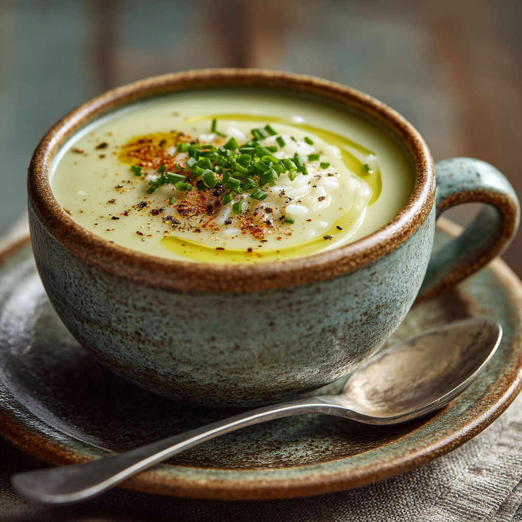 Une tasse de soupes avec des herbes vertes.