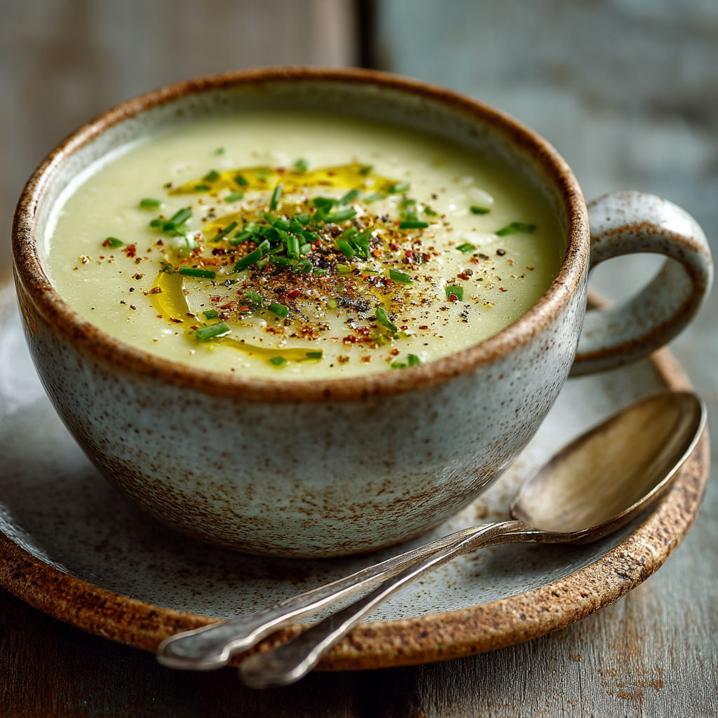 Une tasse de soupe avec des herbes et des épices.