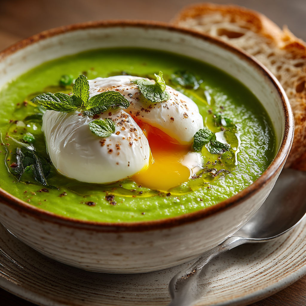 Une soupe verte avec des oeufs.