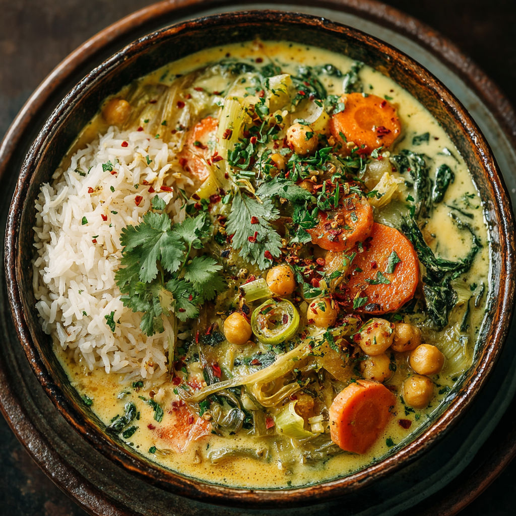 Une soupe chaude avec des légumes et des carottes.