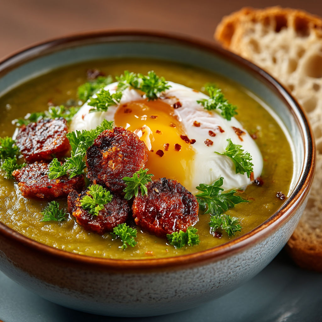 Une soupe de pois cassés et poireaux au chorizo et un oeuf poché.