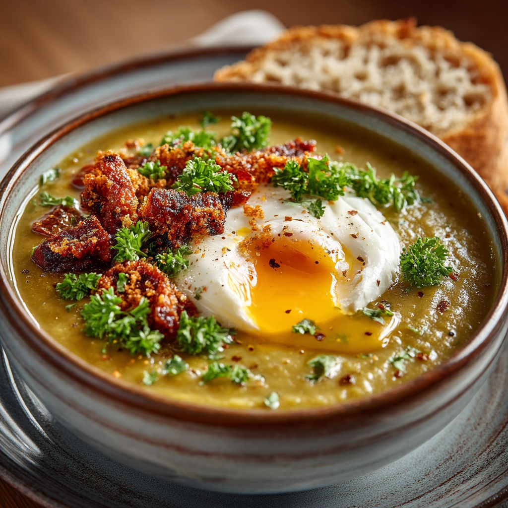 Soupe de pois cassés et poireaux au chorizo & oeuf poché.