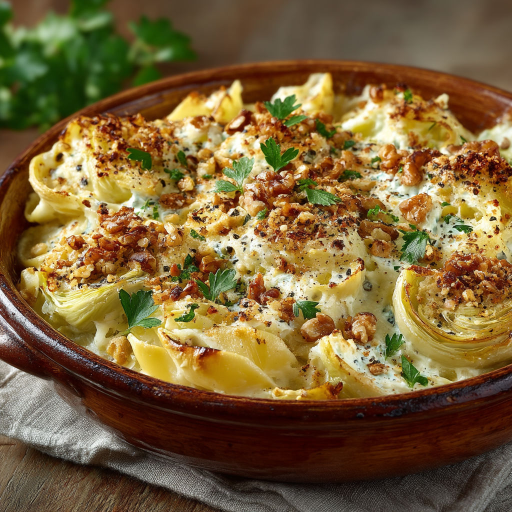 Gratin de pâtes au poireaux et ricotta.