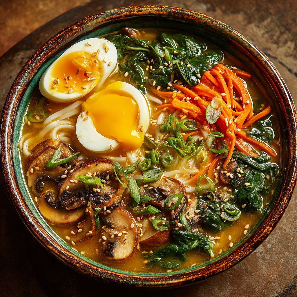 Soupe miso aux champignons, nouilles et oeuf mollet.