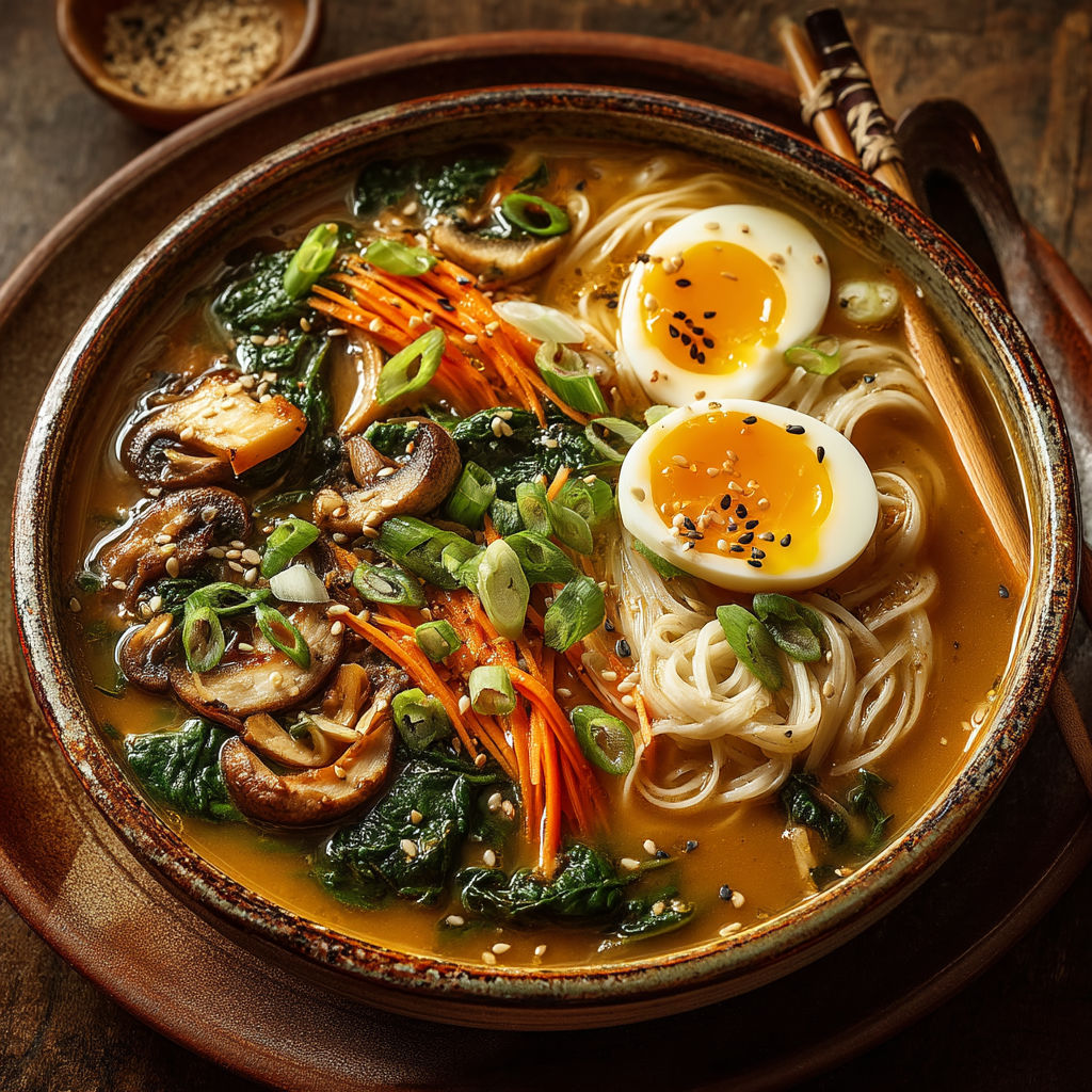 Une soupe de noodles avec des oeufs et des légumes.
