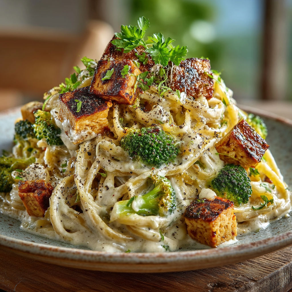 Une pile de spaghetti avec des légumes et des cubes de tofu.