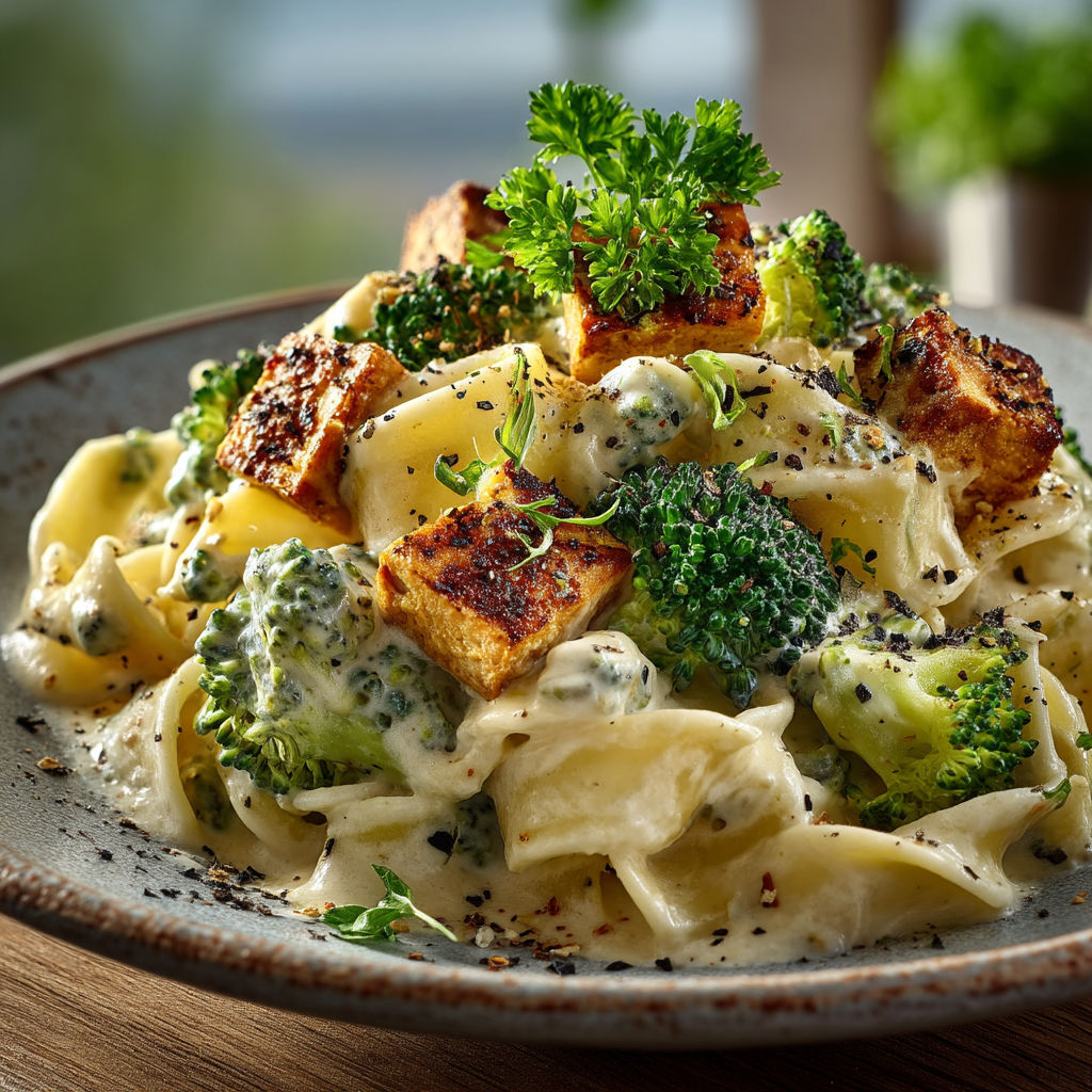 Une assiette de spaghetti avec des légumes verts.