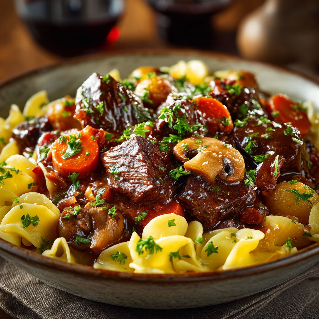 Une assiette de macaroni et de viande hachée.