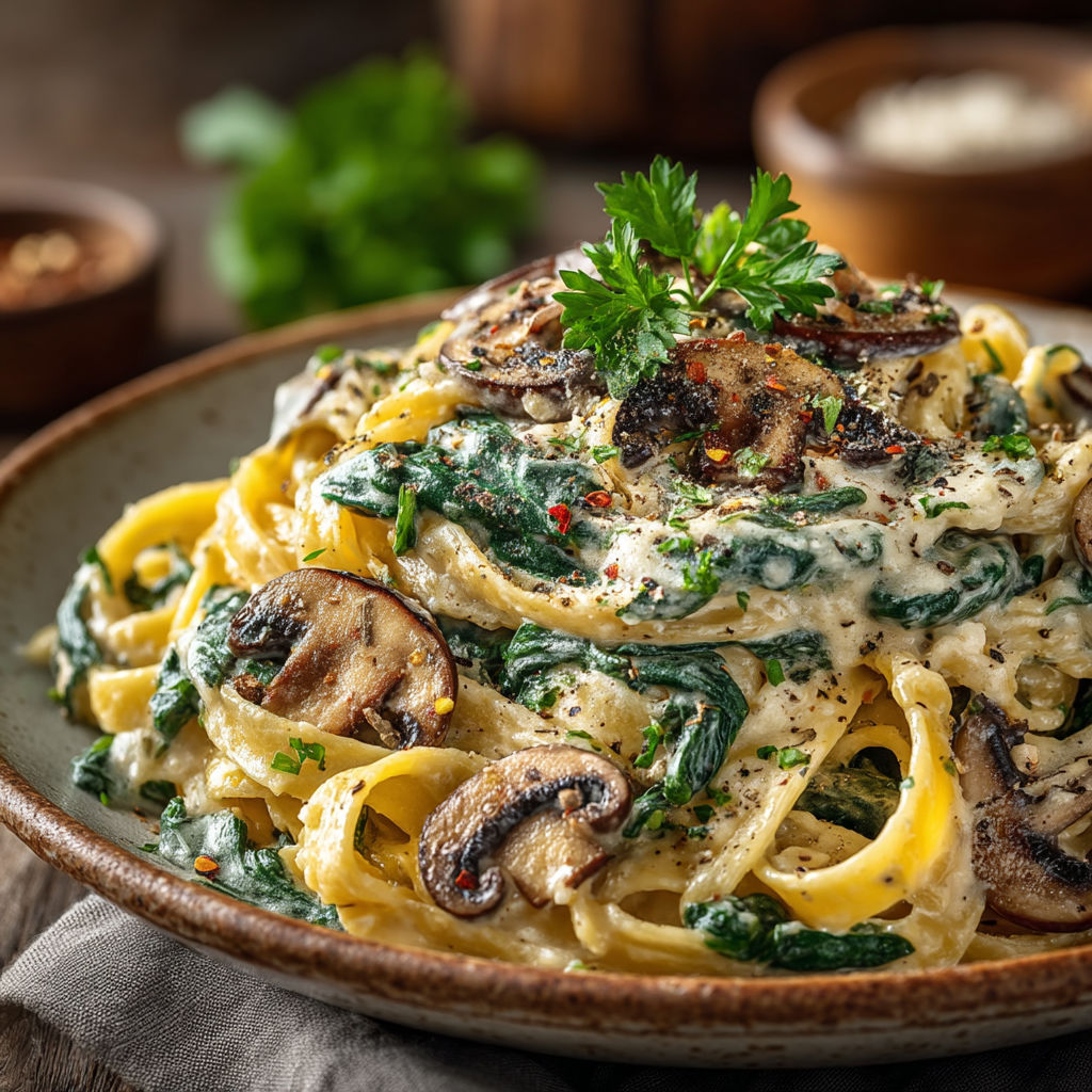 Une assiette de pâtes aux champignons et épinards.