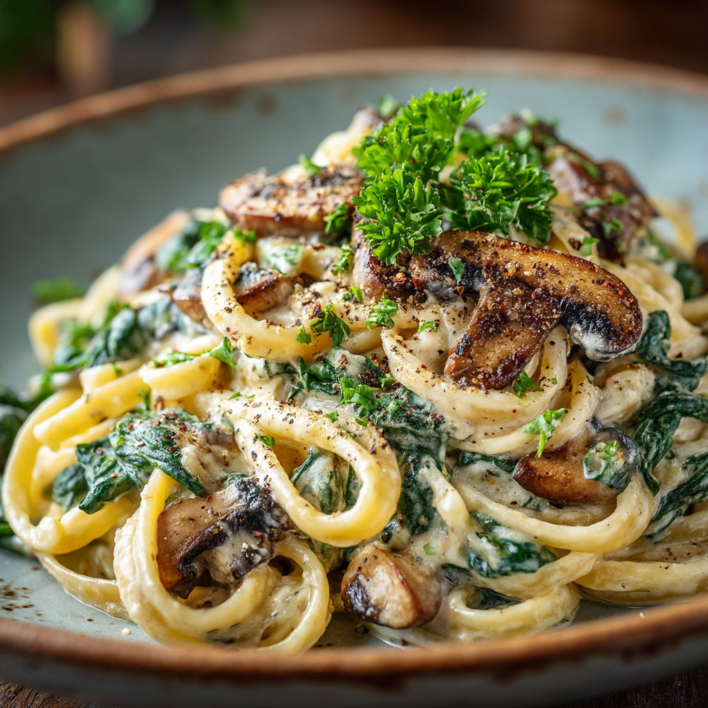Une assiette de spaghetti avec des champignons et des herbes.