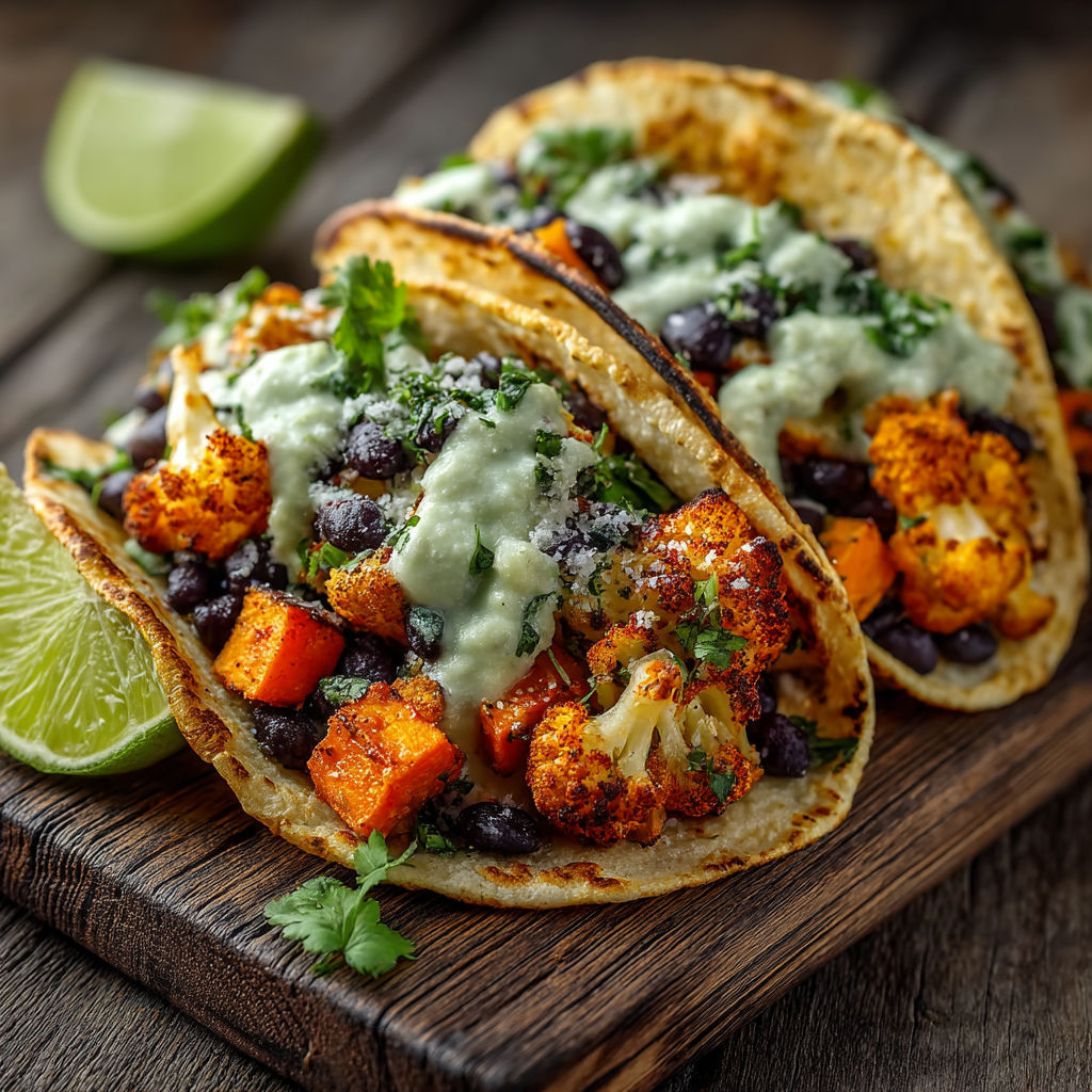 Two tacos with vegetables and sauce.