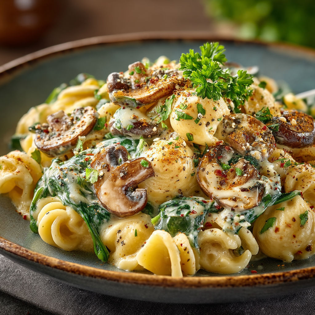Une assiette de spaghetti avec des champignons et des herbes.