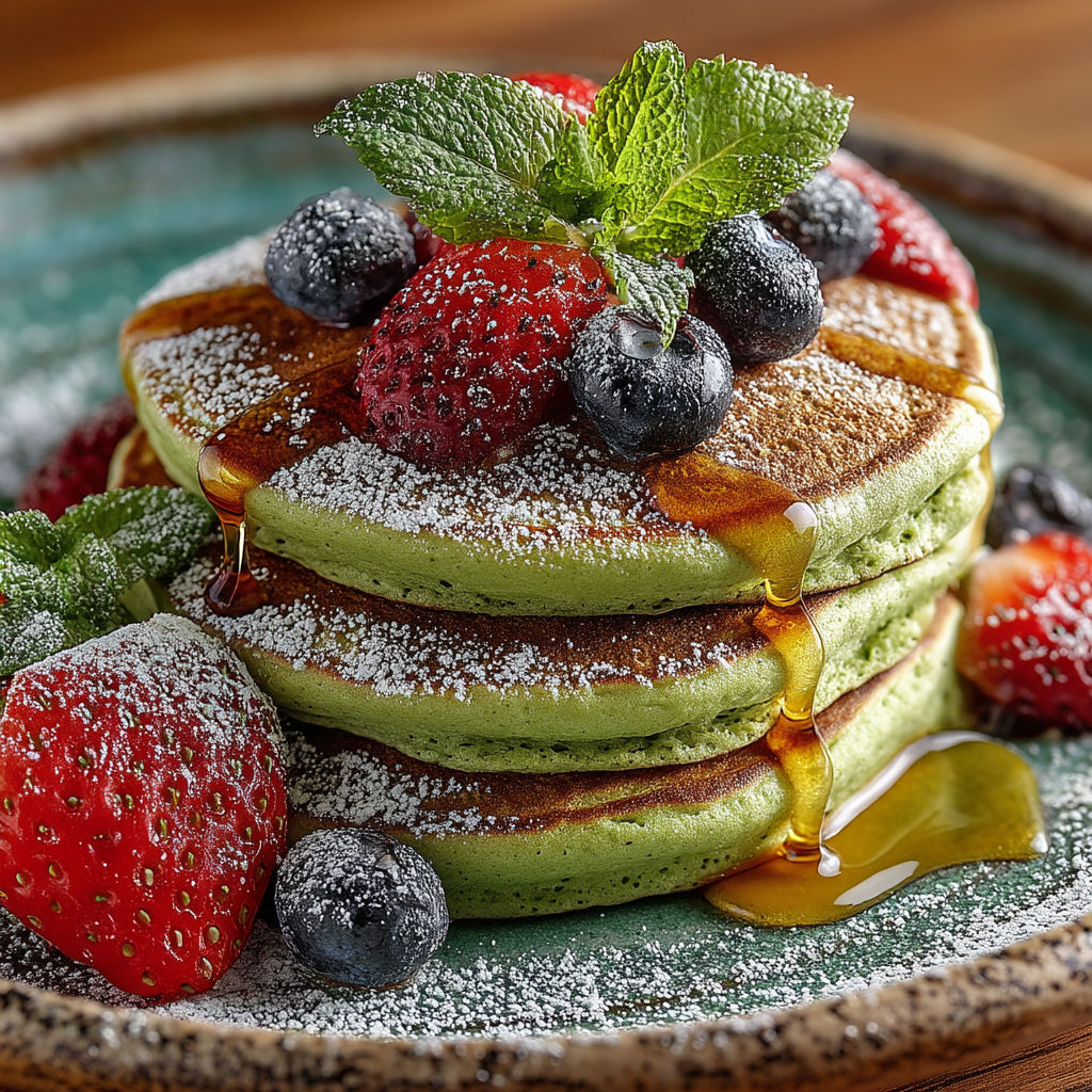 Pancakes with strawberries and blueberries.