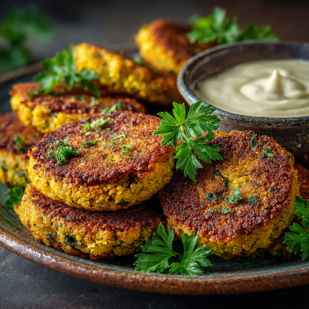 Plate of falafels with a bowl of sauce.