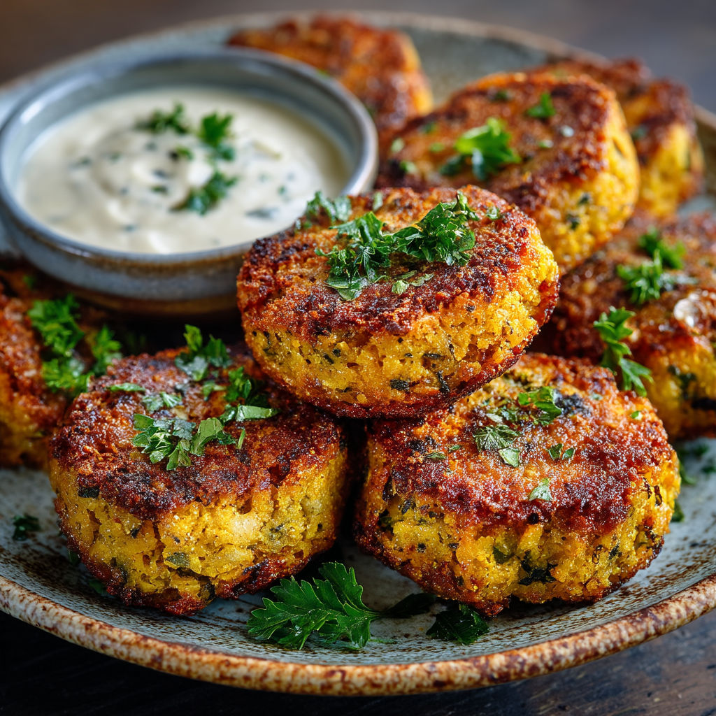 Crab cakes with a dipping sauce.