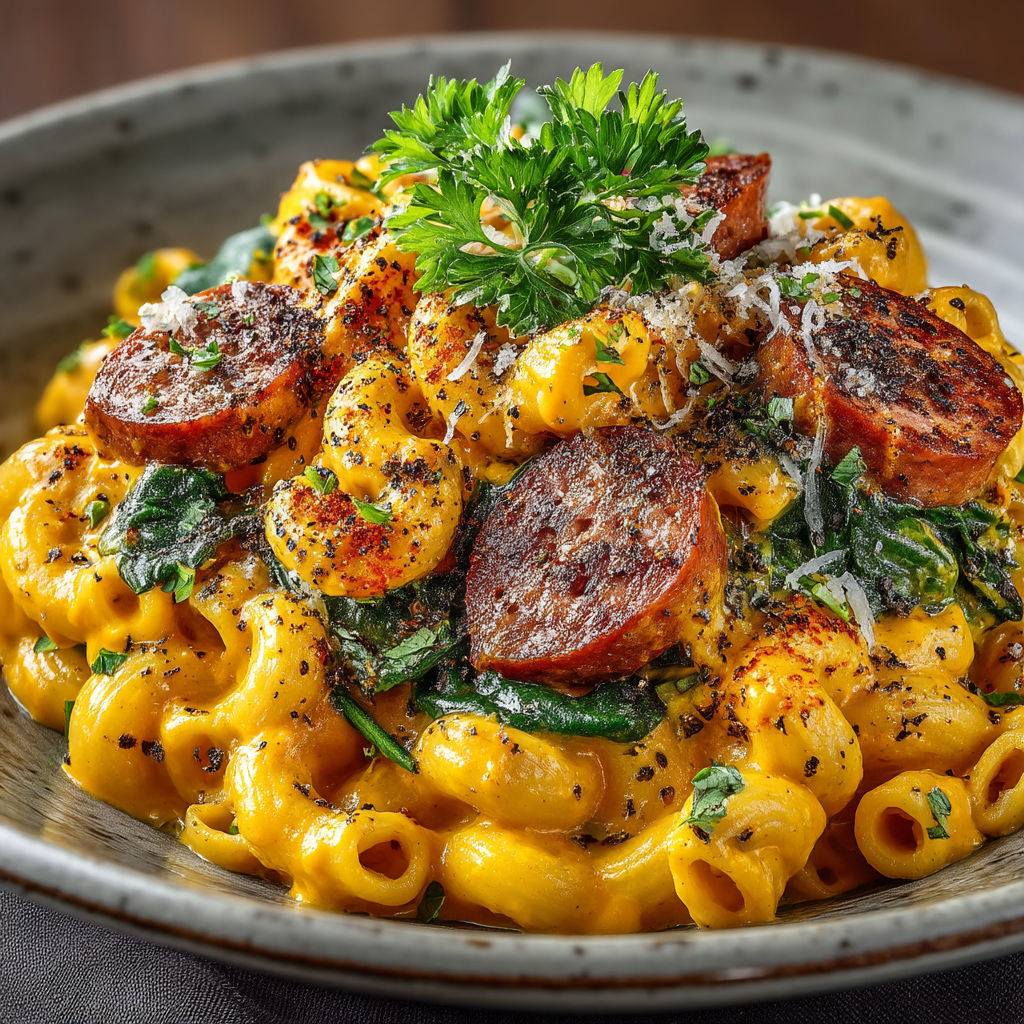 Macaronis au parmesan, saucisson à l'ail et potimarron.