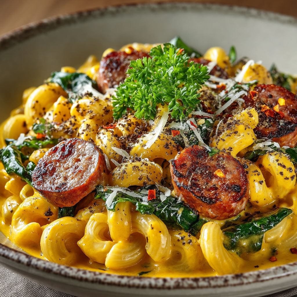 Une assiette de macaroni avec des sauces et des légumes.