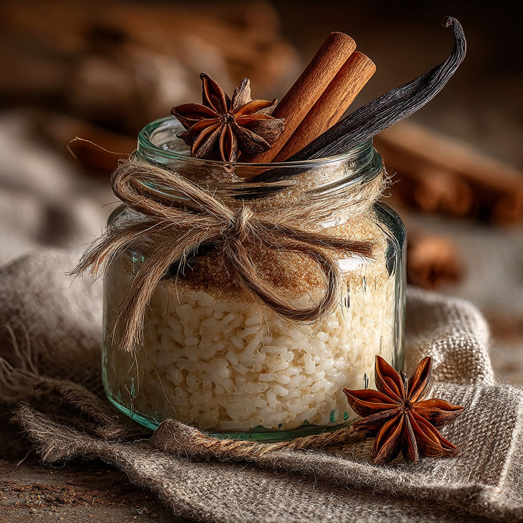 Un vase rempli de graines de cinnamon et de poudre de riz.