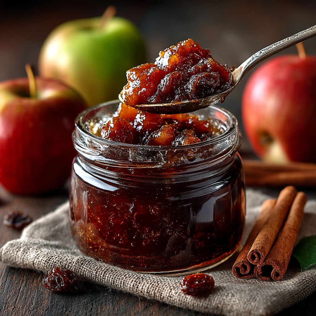 Une jarre contenant du chutney aux pommes et raisins.