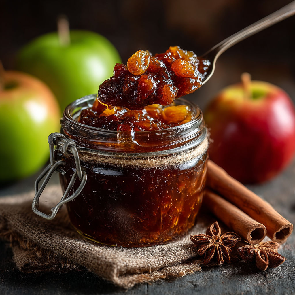 Une cuillère en argent est utilisée pour prendre une cuillère de jus de pomme.