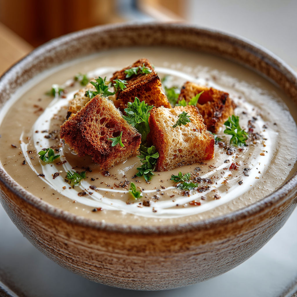 Une soupe de châtaignes avec des croûton de pain d'épices.