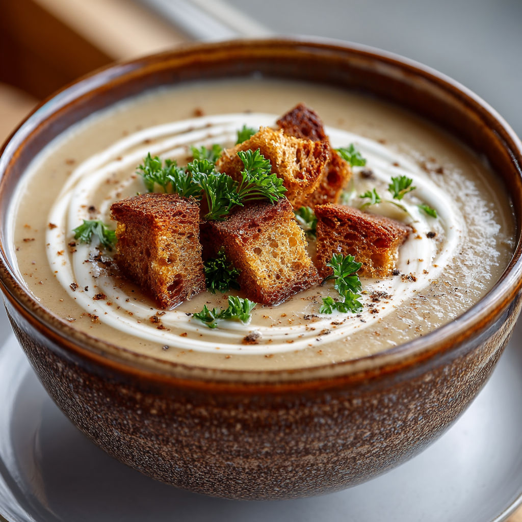 Une portion de velouté de châtaignes avec des croûtons de pain d'épices.