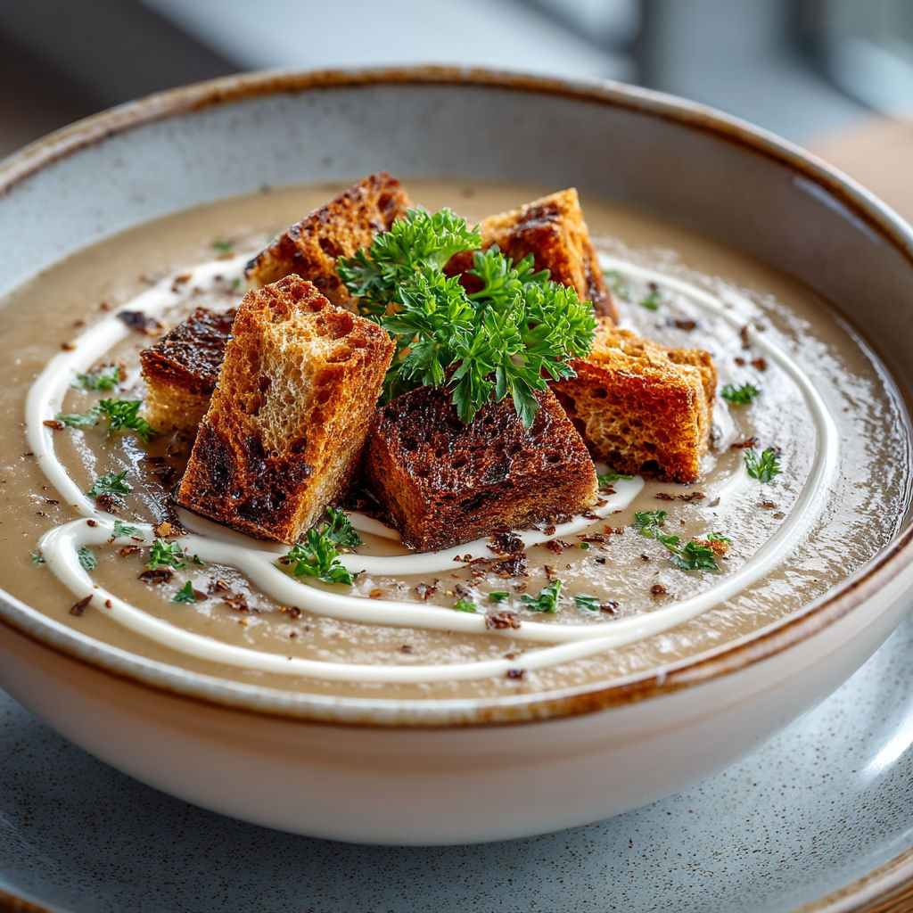 Une portion de velouté de châtaignes avec des croûtons de pain d'épices.